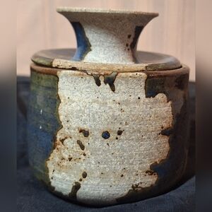 Handcrafted Pottery Butter Keeper Featuring Blue, Green, and Cream